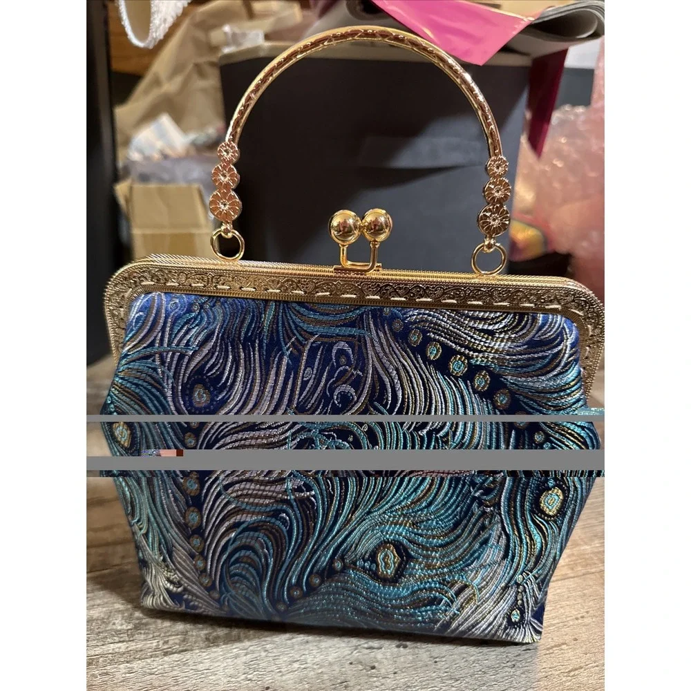 Off Park Collection Gold Antique Tone Peacock Fabric Convertible Handbag NEW